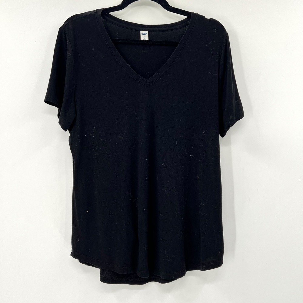 Old Navy Luxe V-Neck T-Shirt Womens Medium‎ Black Good Short Sleeve Curved Hem